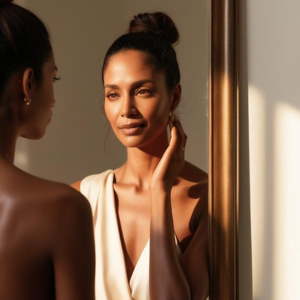 Donna con pelle olivastra e capelli raccolti che si osserva da luce naturale, simbolo dell'inizio di un percorso verso la consapevolezza del proprio volto.