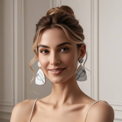 Donna con viso triangolare, capelli raccolti e orecchini chandelier grandi. Esempio visivo per bilanciare la forma del viso con gli accessori.