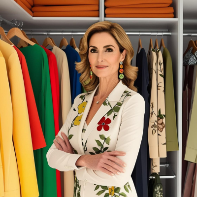 Donna elegante davanti a un armadio colorato, indossa orecchini vivaci perfetti per il suo sottotono e mostra come abbinare i colori degli accessori al guardaroba. Daiana Studio.
